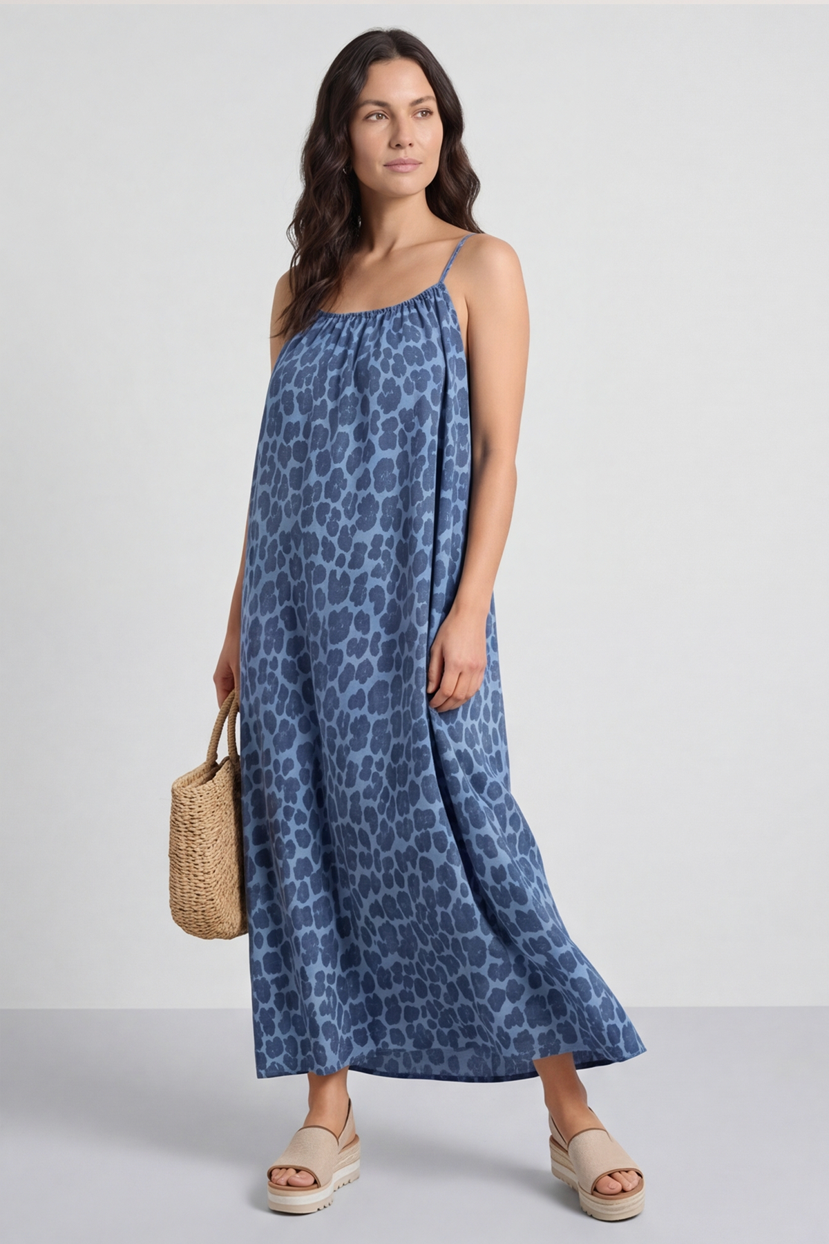 Lantic Strap Leopard Print Denim Dress Mid Denim