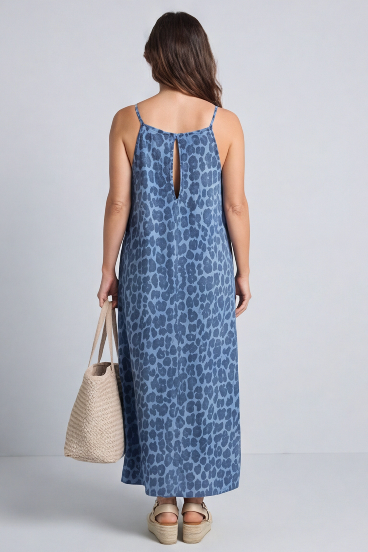 Lantic Strap Leopard Print Denim Dress Mid Denim