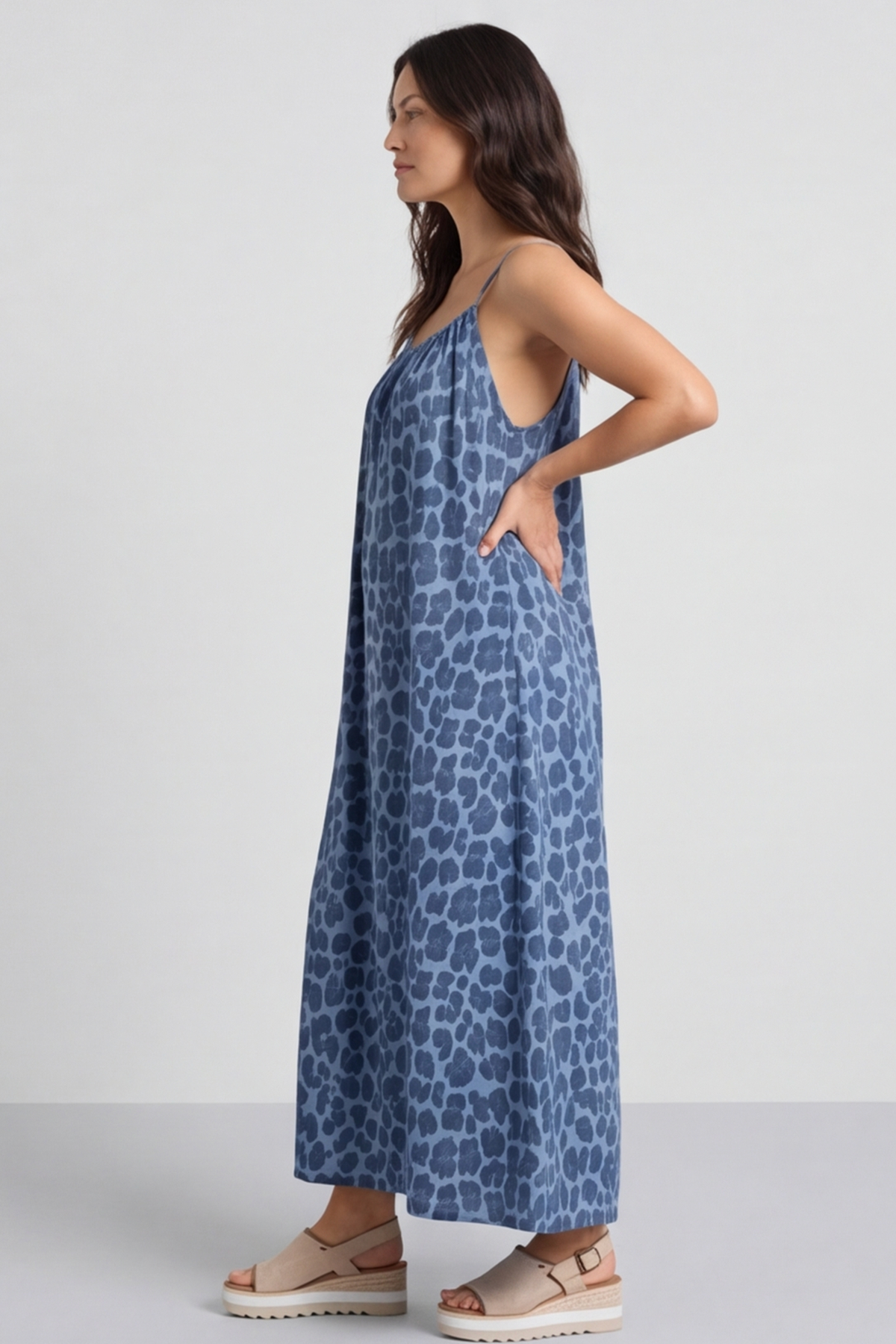 Lantic Strap Leopard Print Denim Dress Mid Denim
