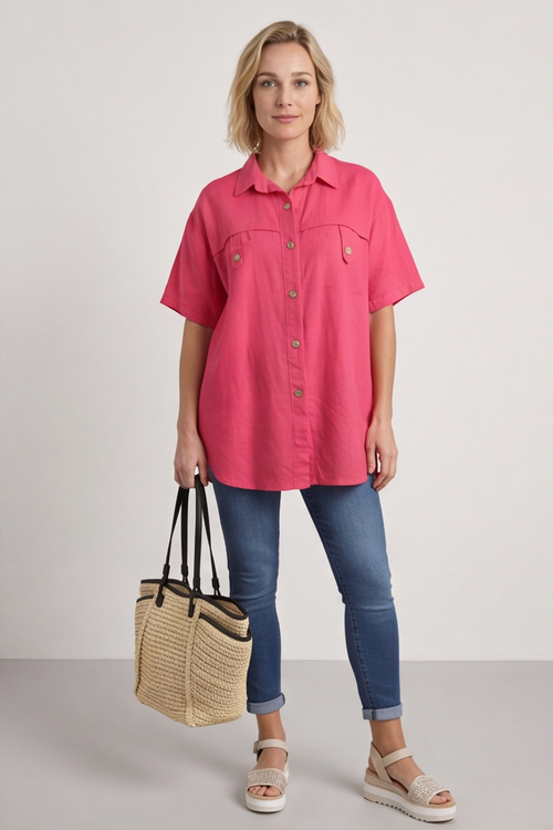 Lily Linen Shirt Hot Pink - Image 3