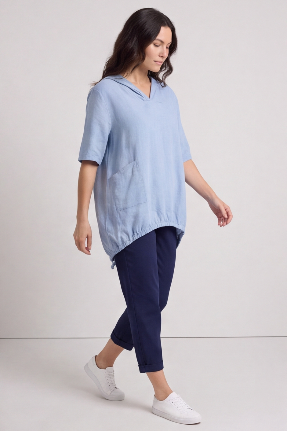 Linda Hooded Linen Top Blue