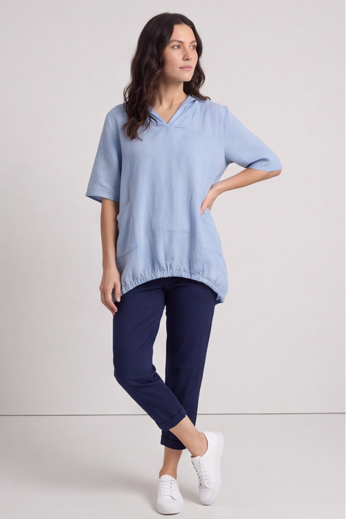 Linda Hooded Linen Top Blue - Image 3