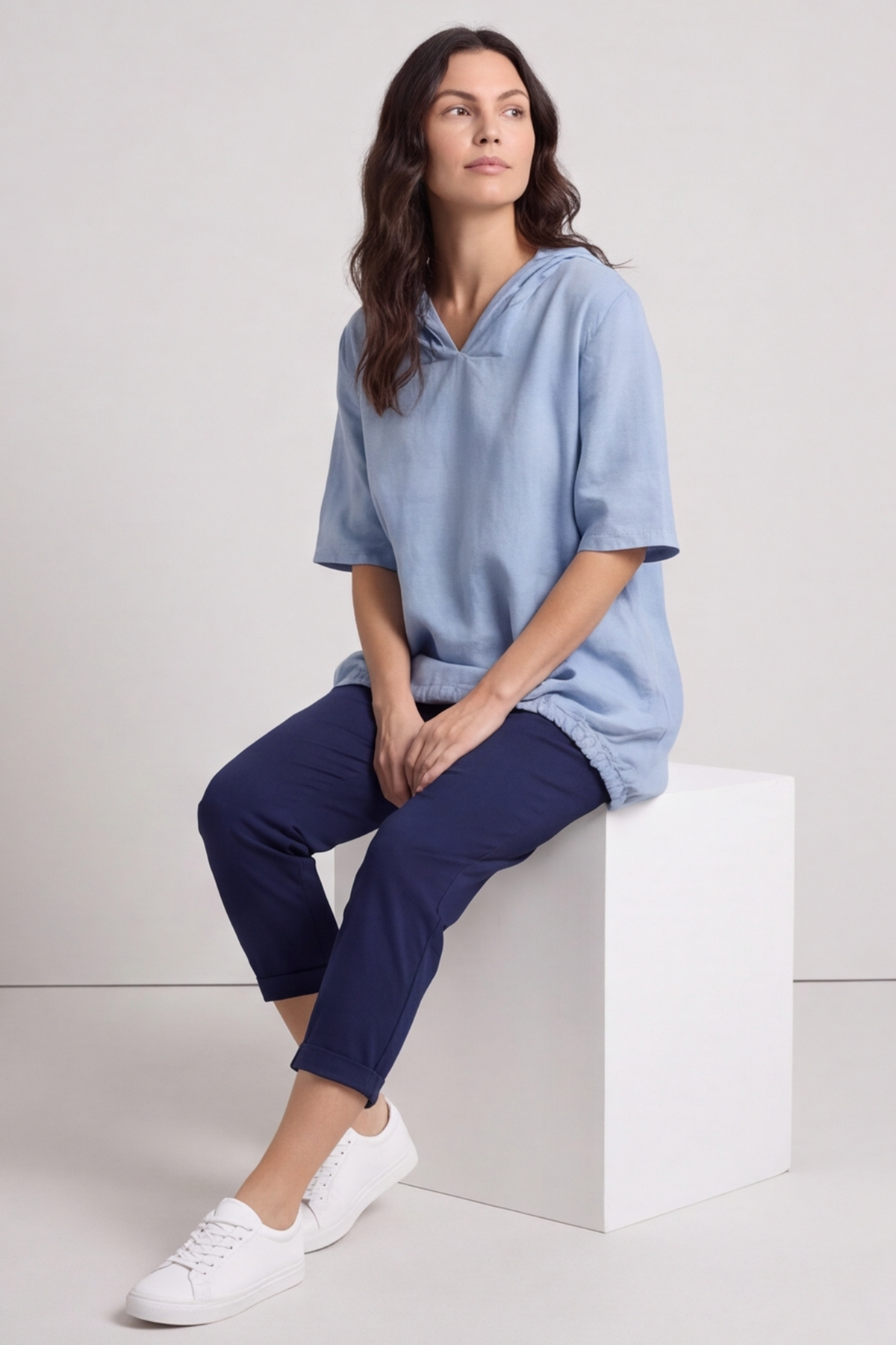 Linda Hooded Linen Top Blue