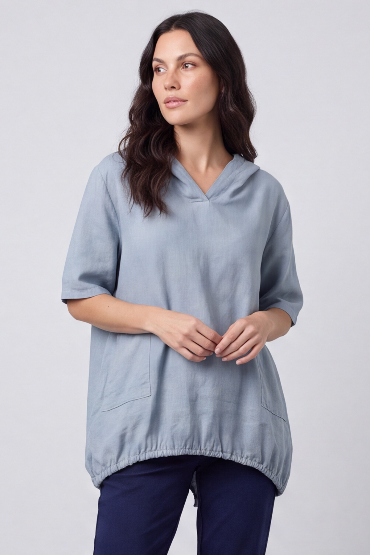 Linda Hooded Linen Top Mid Grey