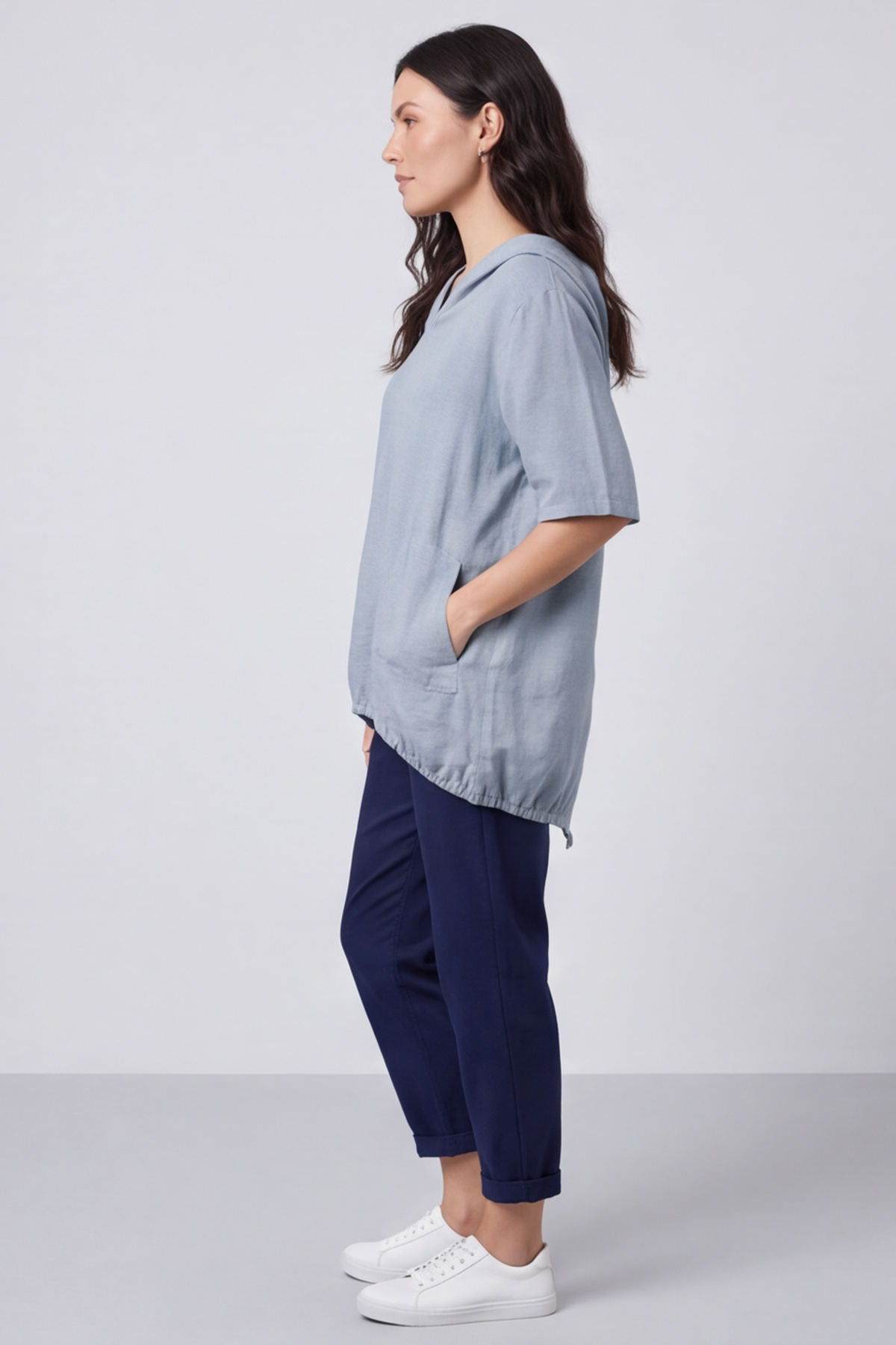Linda Hooded Linen Top Mid Grey