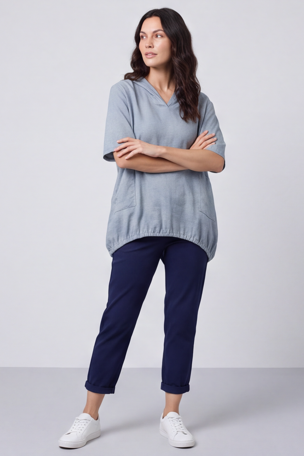 Linda Hooded Linen Top Mid Grey