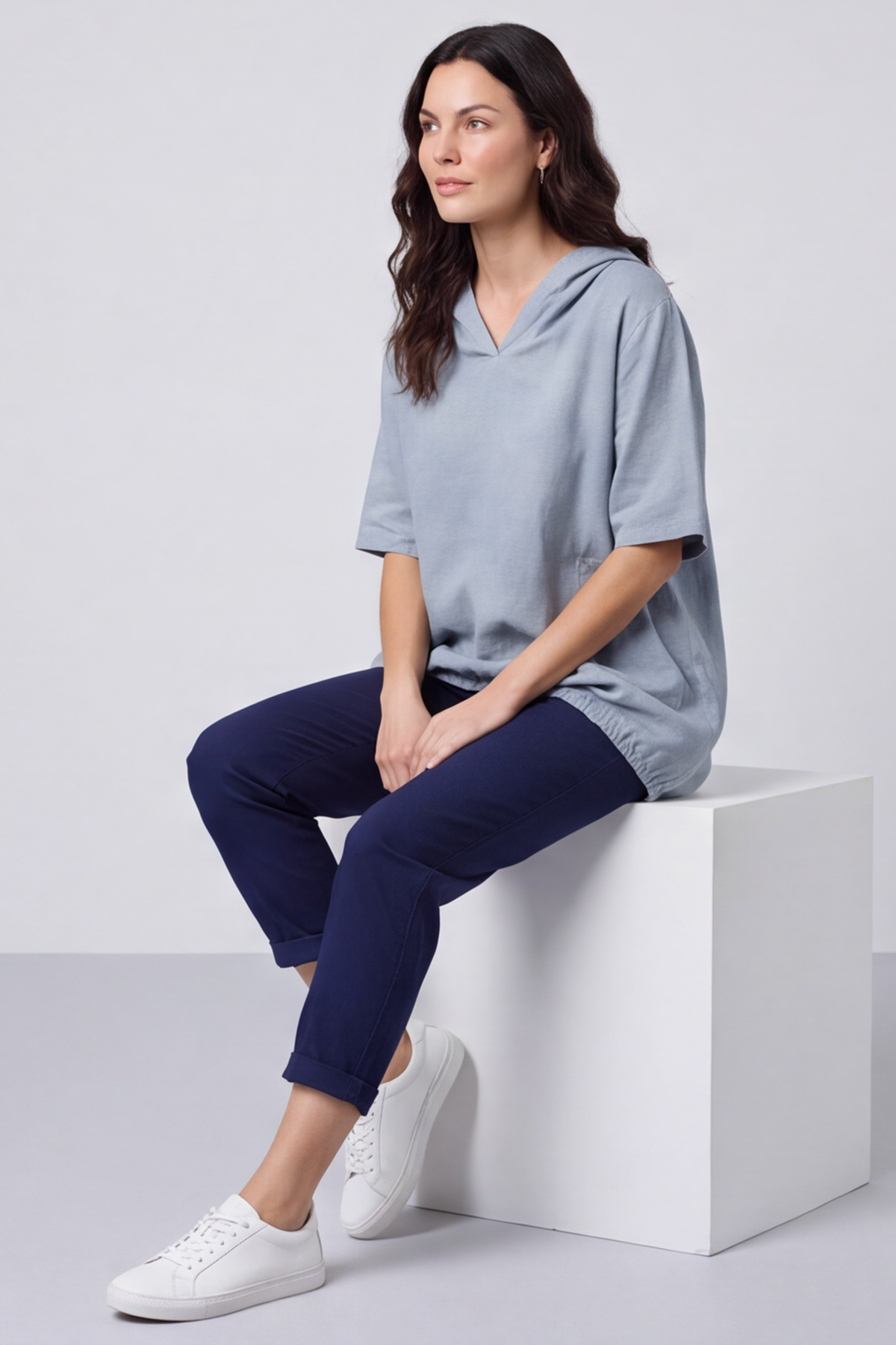 Linda Hooded Linen Top Mid Grey