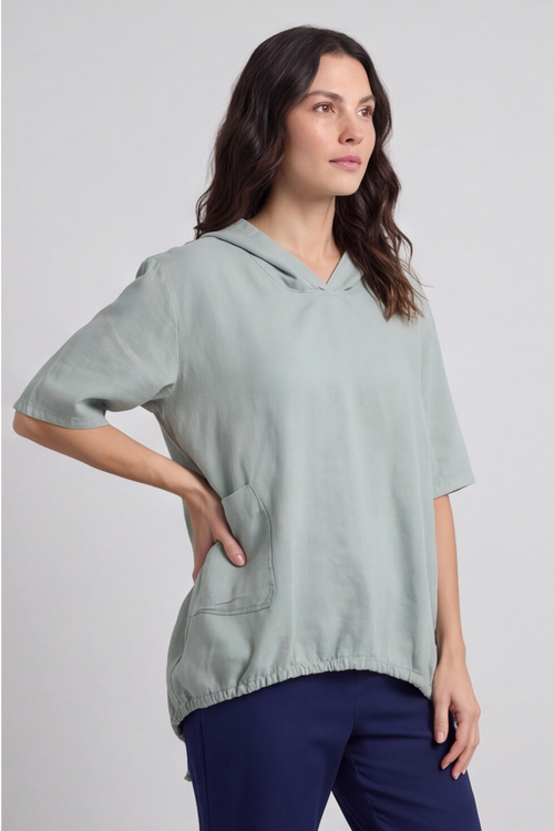 Linda Hooded Linen Top Khaki - Image 5