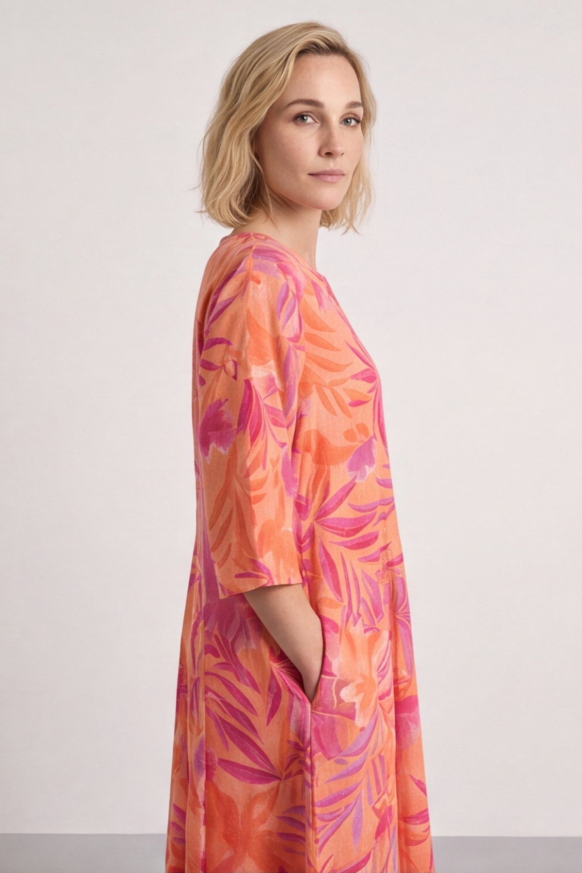 Eleni Botanical Print Linen Dress Light Orange