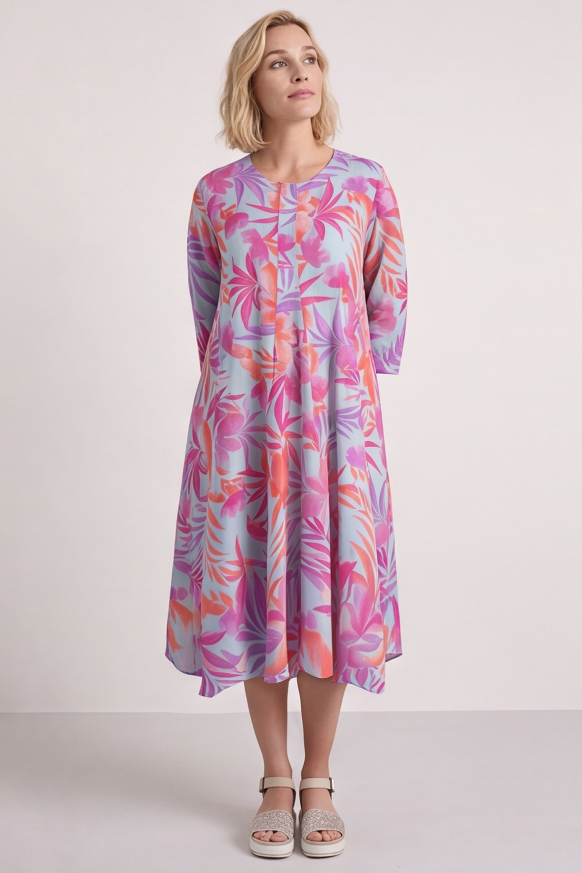 Eleni Botanical Print Linen Dress Powder Blue