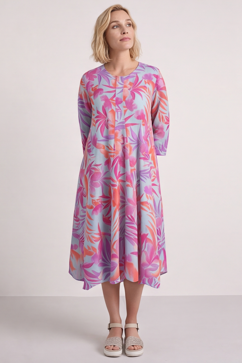 Eleni Botanical Print Linen Dress Powder Blue