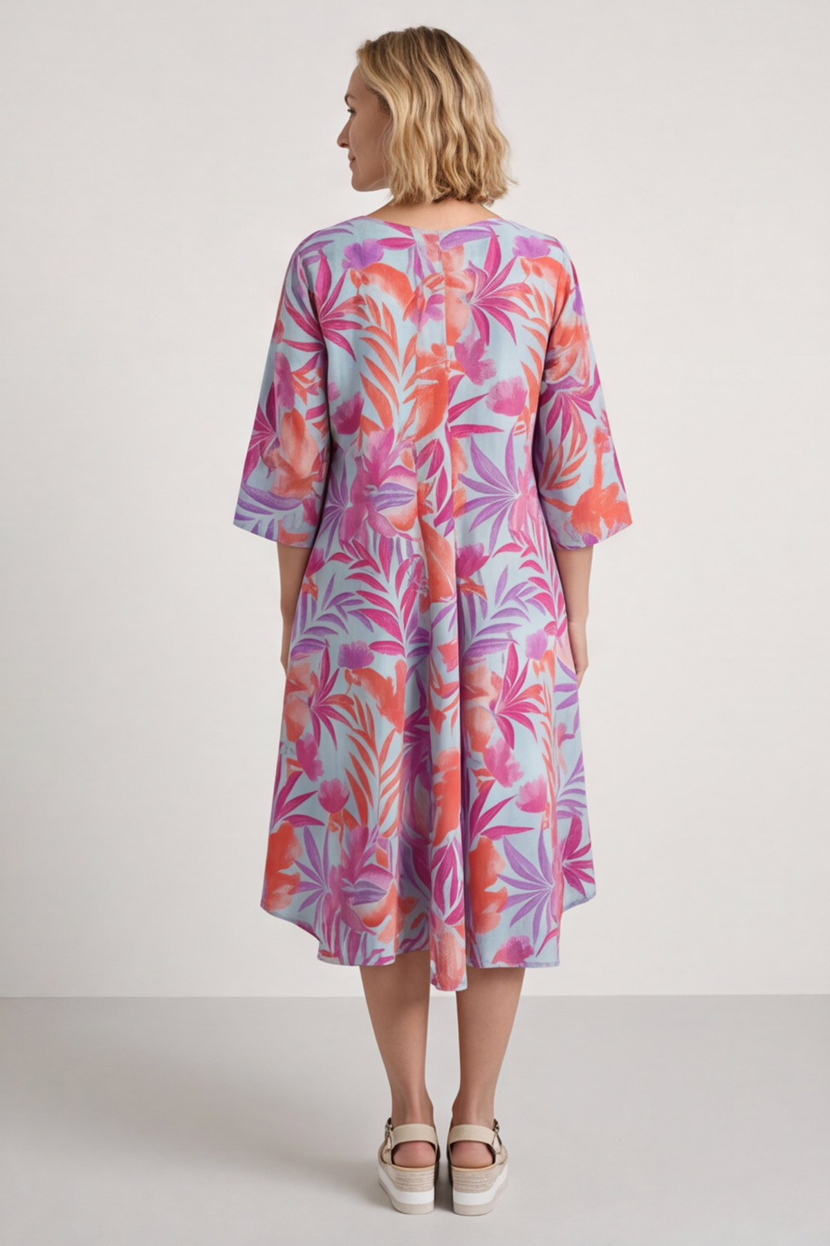 Eleni Botanical Print Linen Dress Powder Blue