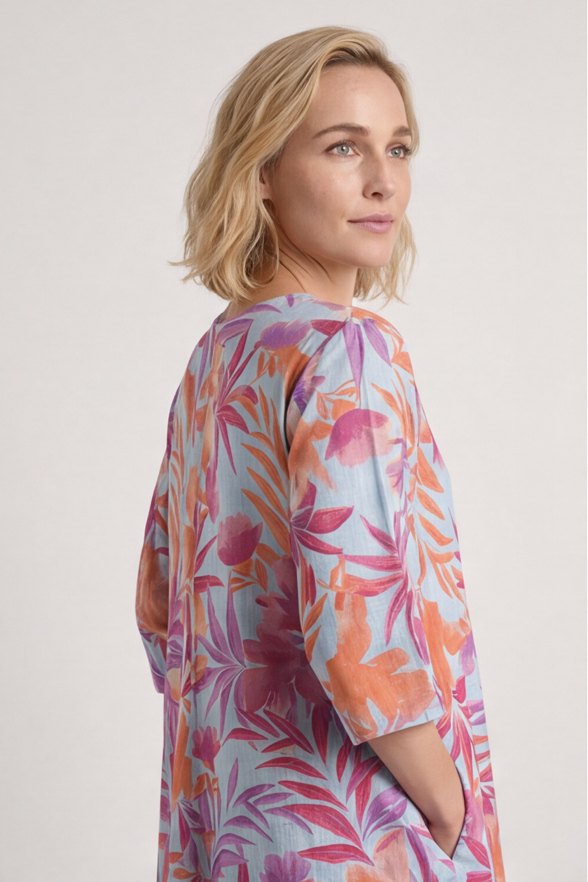 Eleni Botanical Print Linen Dress Powder Blue