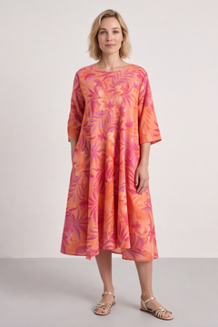 Eleni Botanical Print Linen Dress Light Orange