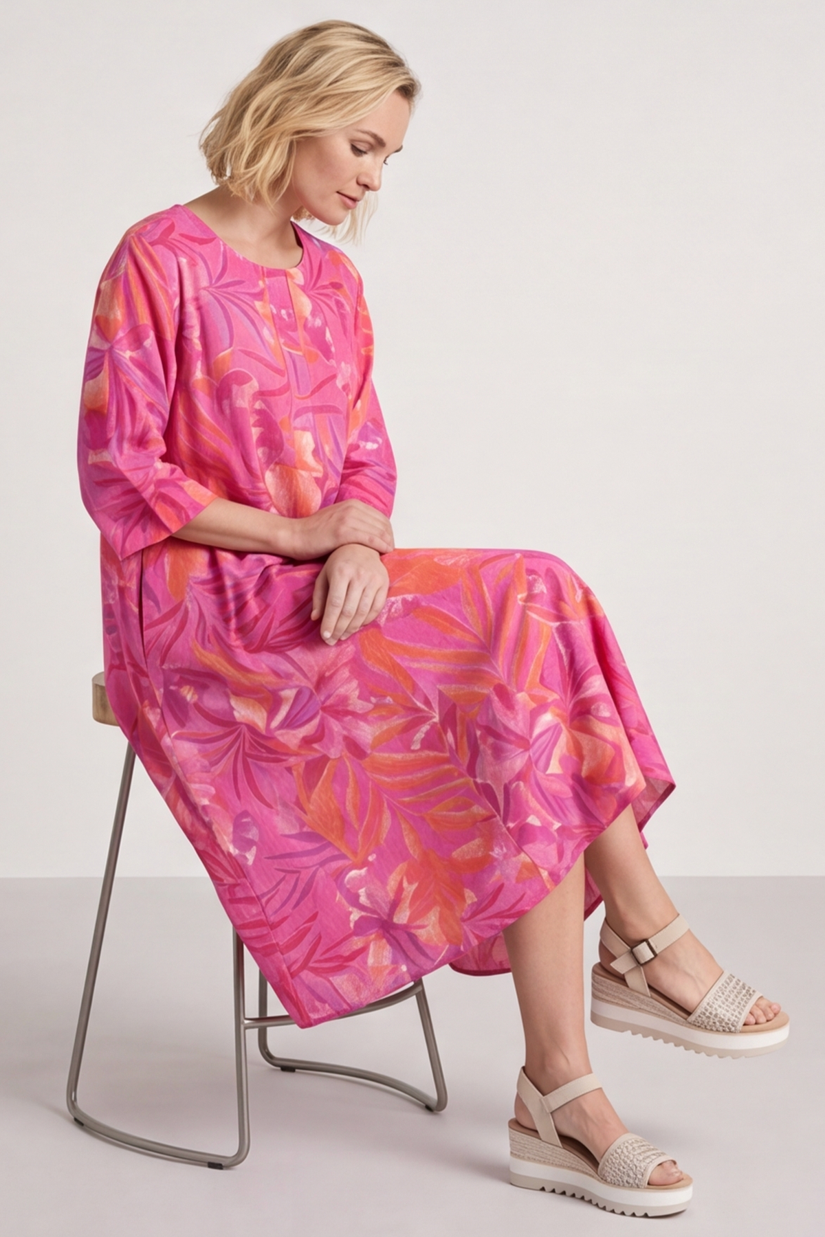 Eleni Botanical Print Linen Dress Pink