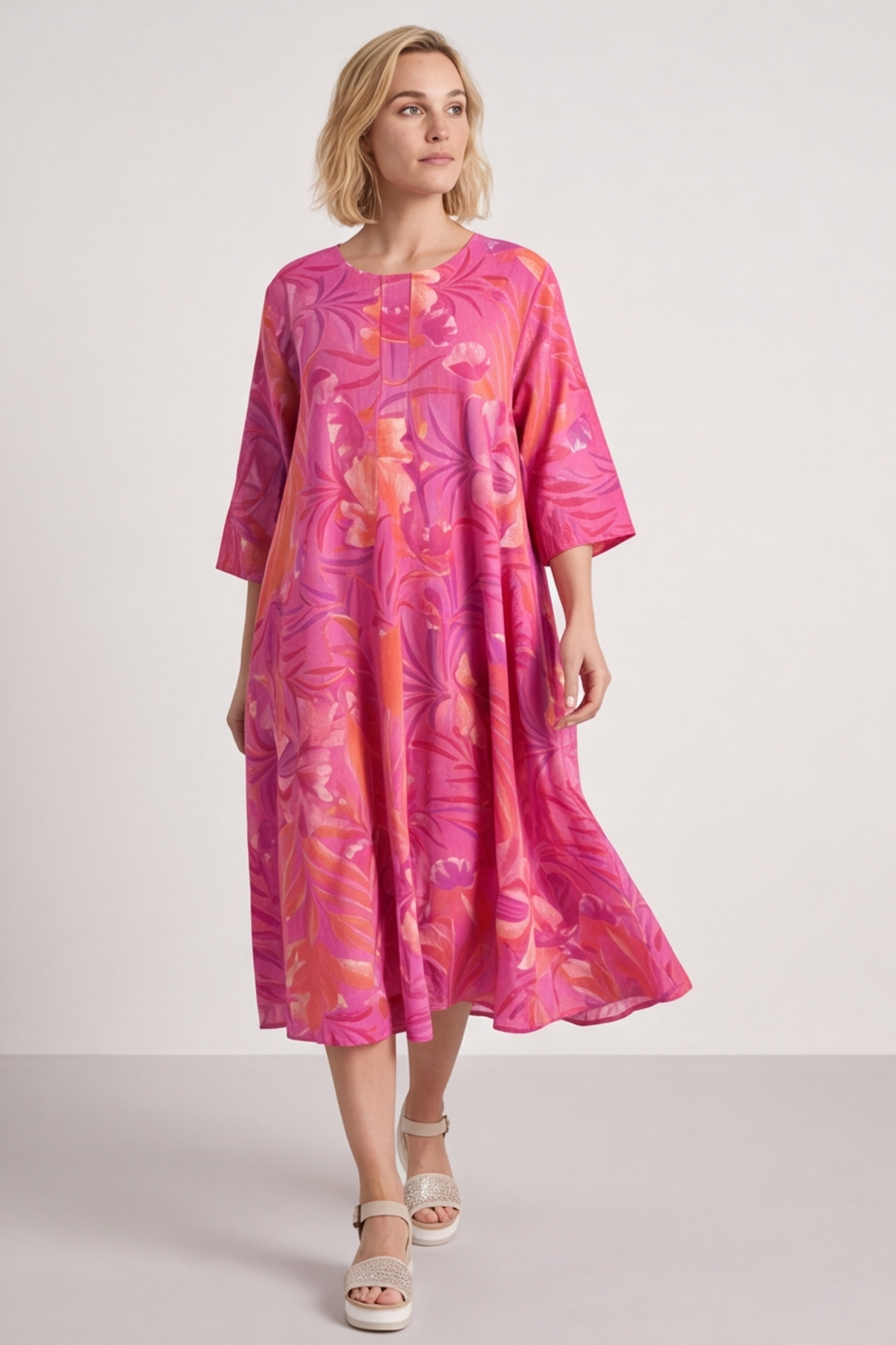 Eleni Botanical Print Linen Dress Pink