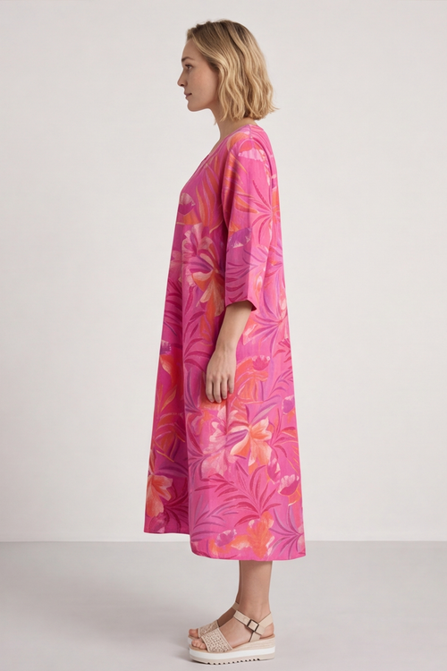 Eleni Botanical Print Linen Dress Pink - Image 4