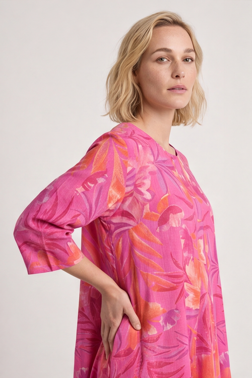 Eleni Botanical Print Linen Dress Pink - Image 5