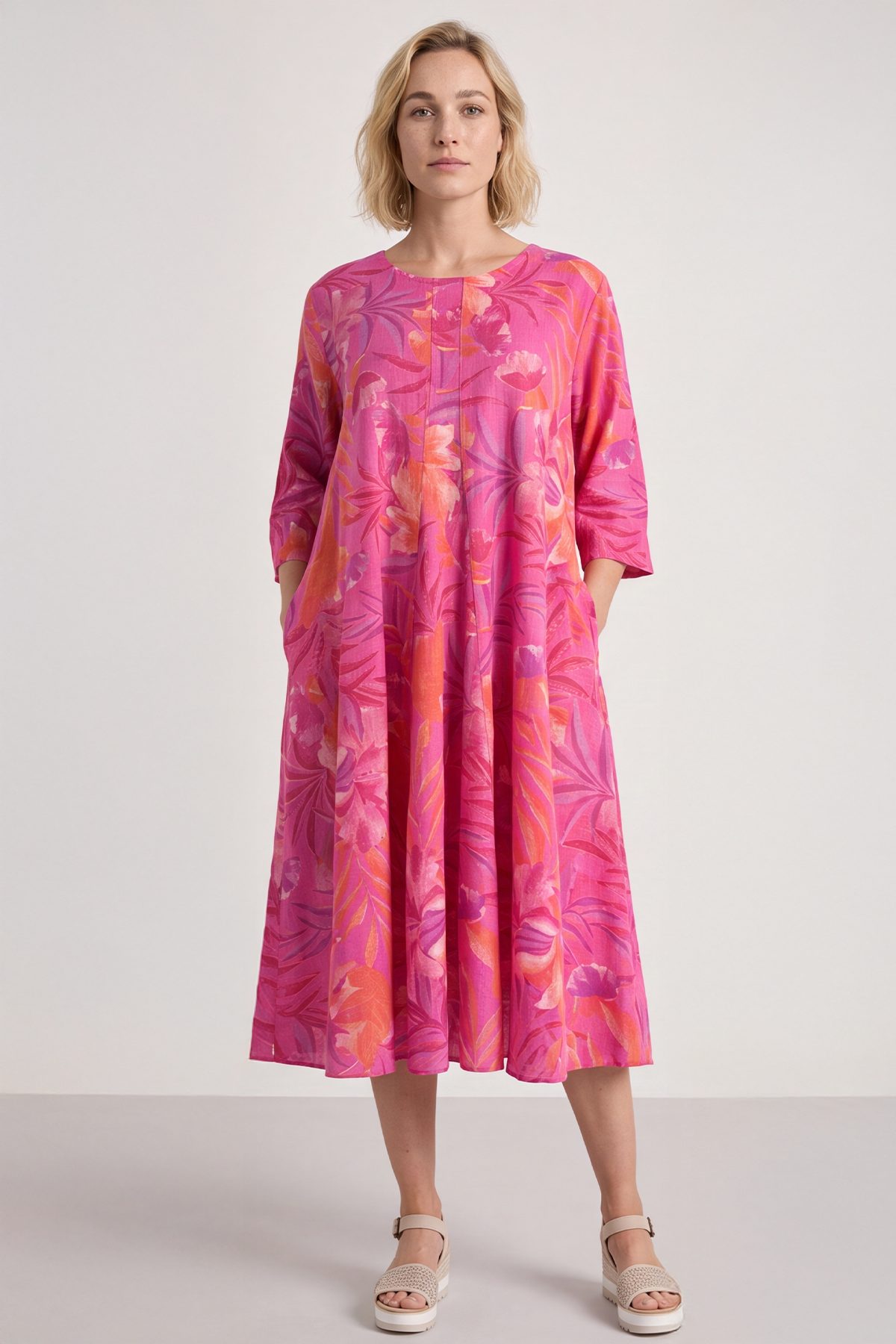 Eleni Botanical Print Linen Dress Pink