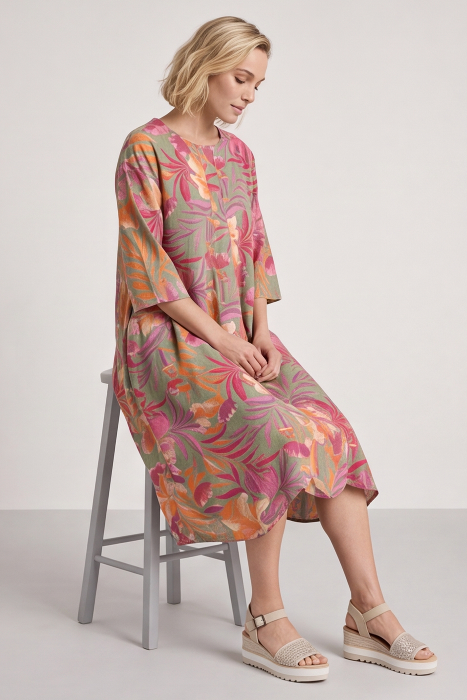 Eleni Botanical Print Linen Dress Sage Green