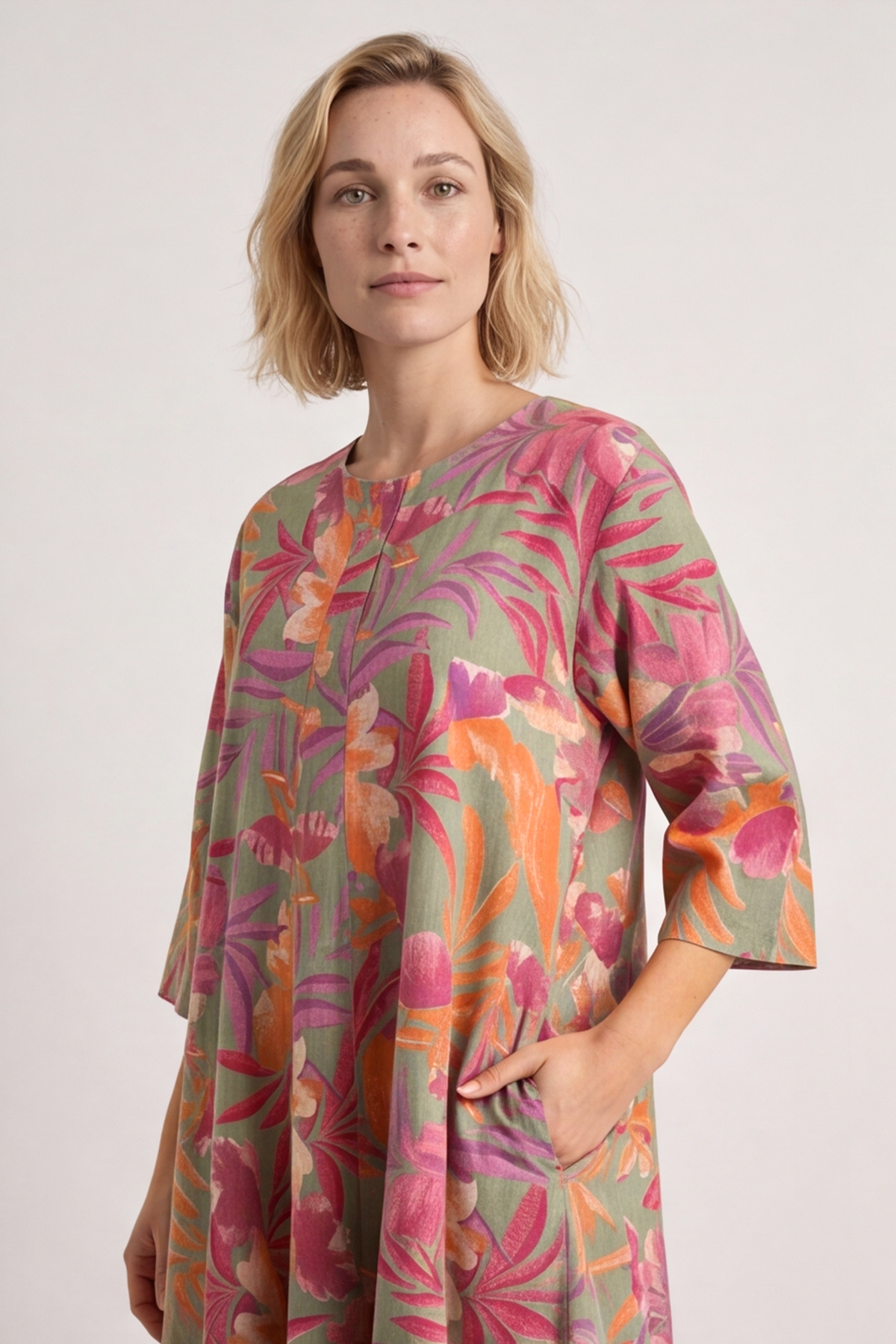Eleni Botanical Print Linen Dress Sage Green