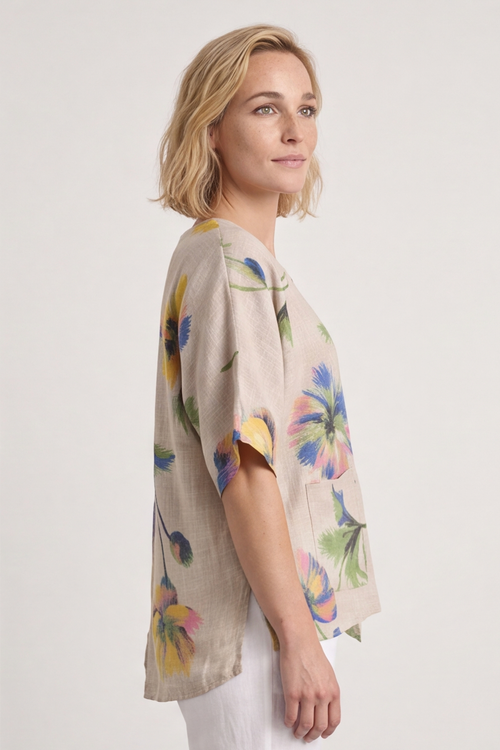Isolde Botanical Print Linen Top Stone - Image 2