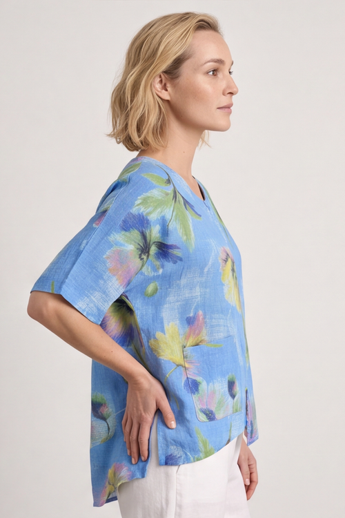 Isolde Botanical Print Linen Top Powder Blue - Image 2