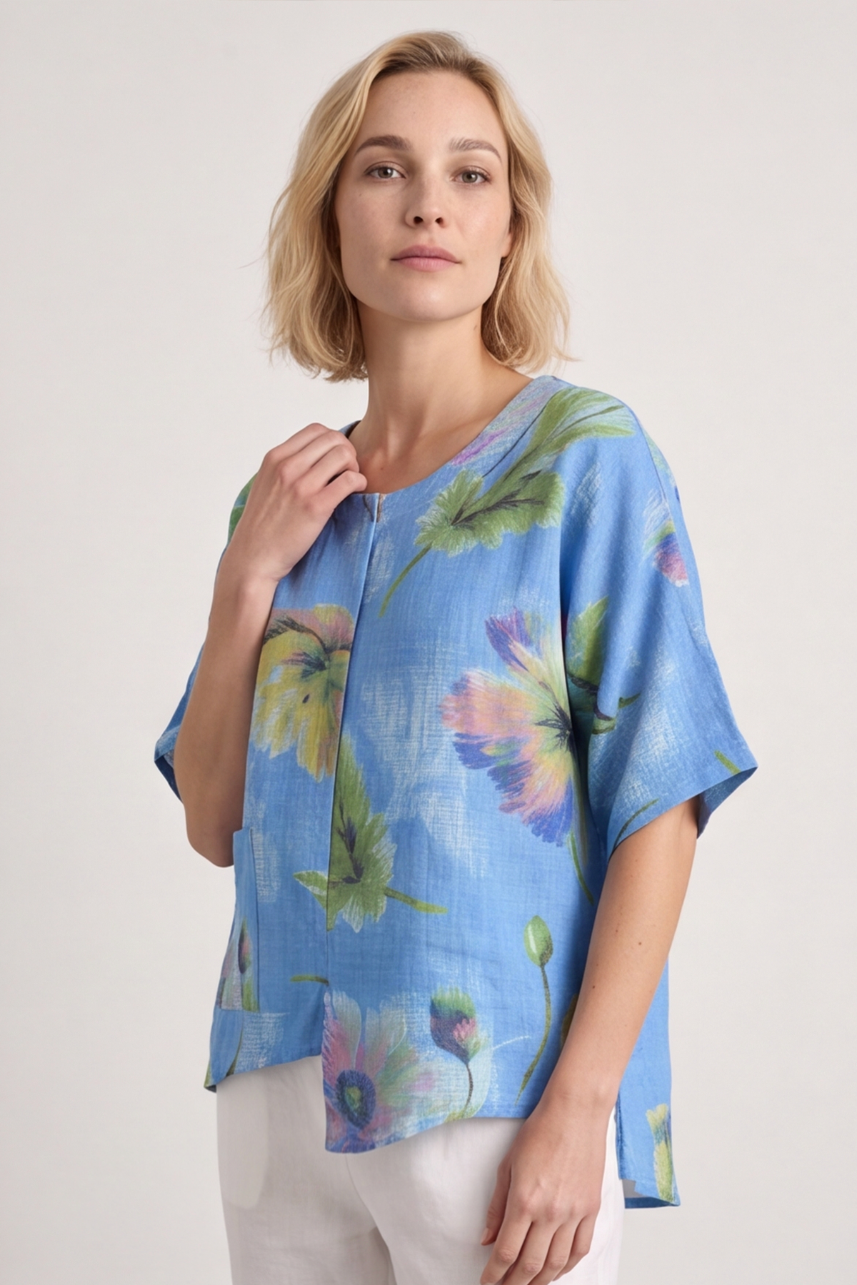 Isolde Botanical Print Linen Top Powder Blue