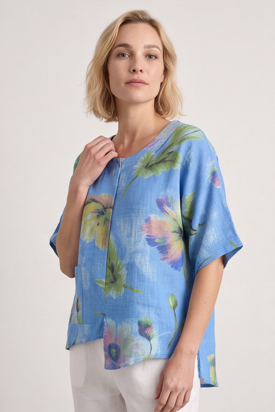 Isolde Botanical Print Linen Top Powder Blue
