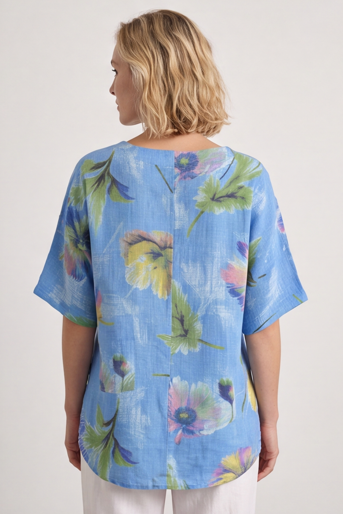 Isolde Botanical Print Linen Top Powder Blue