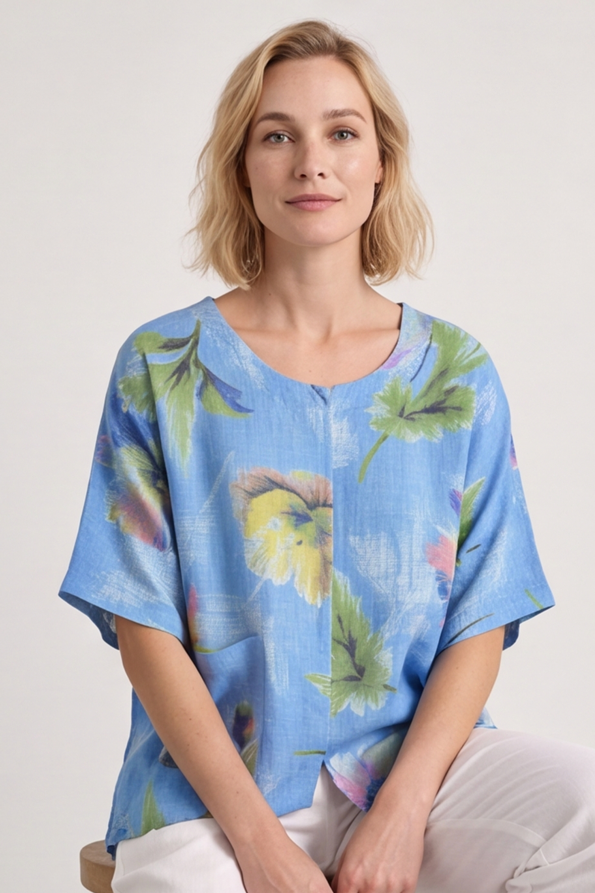 Isolde Botanical Print Linen Top Powder Blue