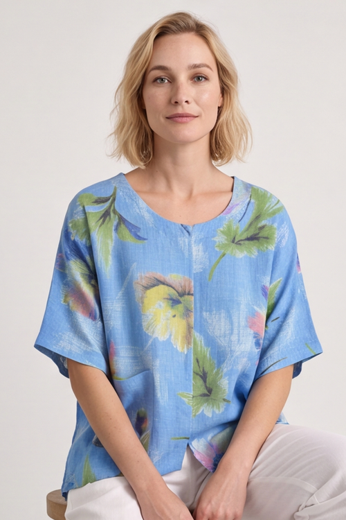 Isolde Botanical Print Linen Top Powder Blue - Image 4