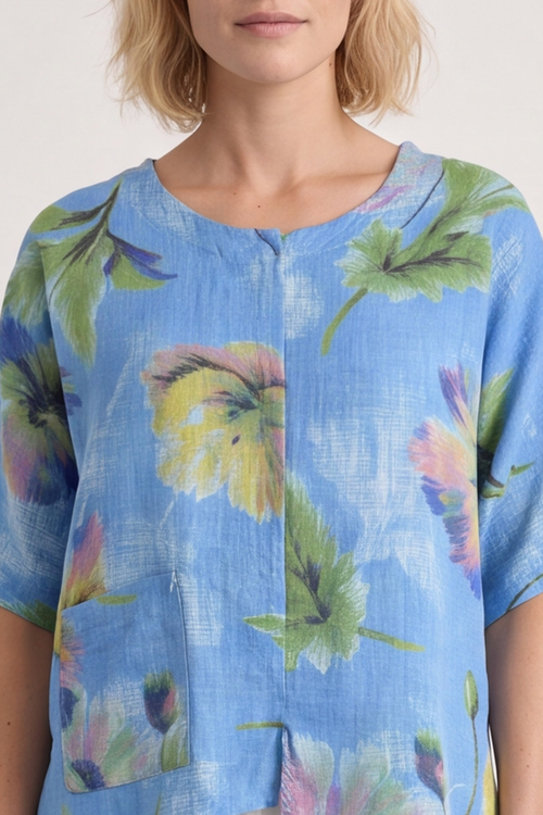 Isolde Botanical Print Linen Top Powder Blue - Image 5