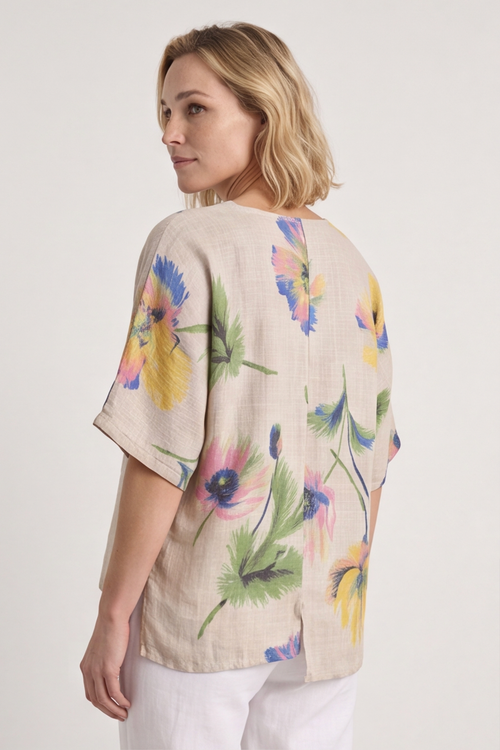 Isolde Botanical Print Linen Top Stone - Image 3
