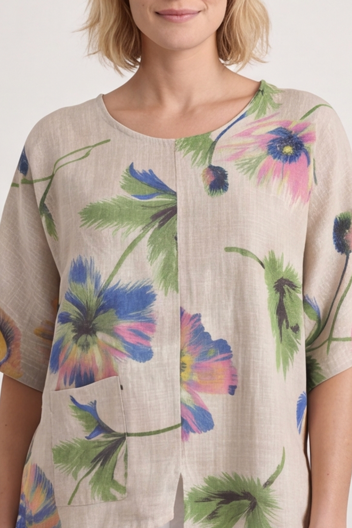 Isolde Botanical Print Linen Top Stone