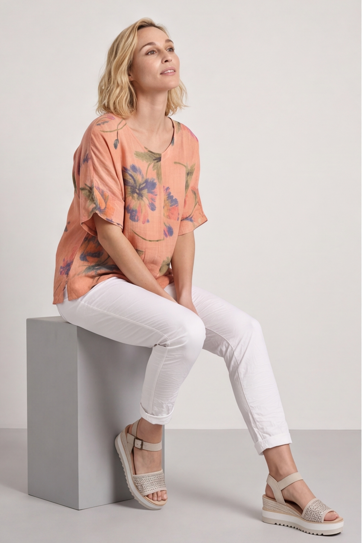 Isolde Botanical Print Linen Top Orange