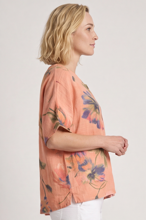 Isolde Botanical Print Linen Top Orange - Image 5