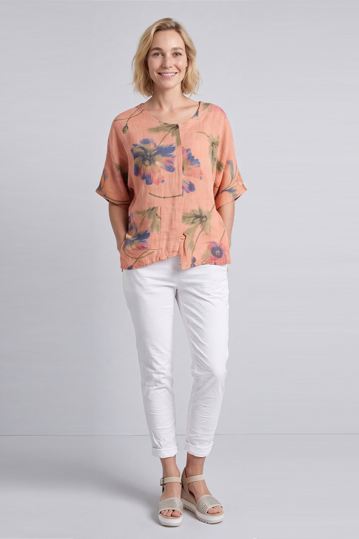 Isolde Botanical Print Linen Top Orange