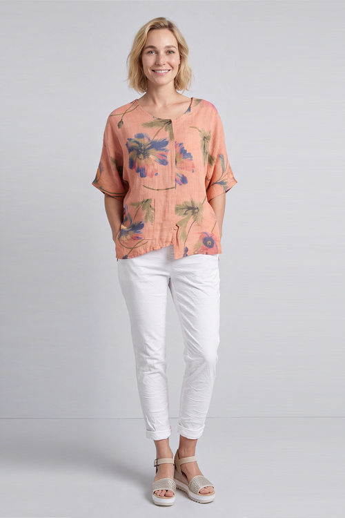 Isolde Botanical Print Linen Top Orange - Image 6