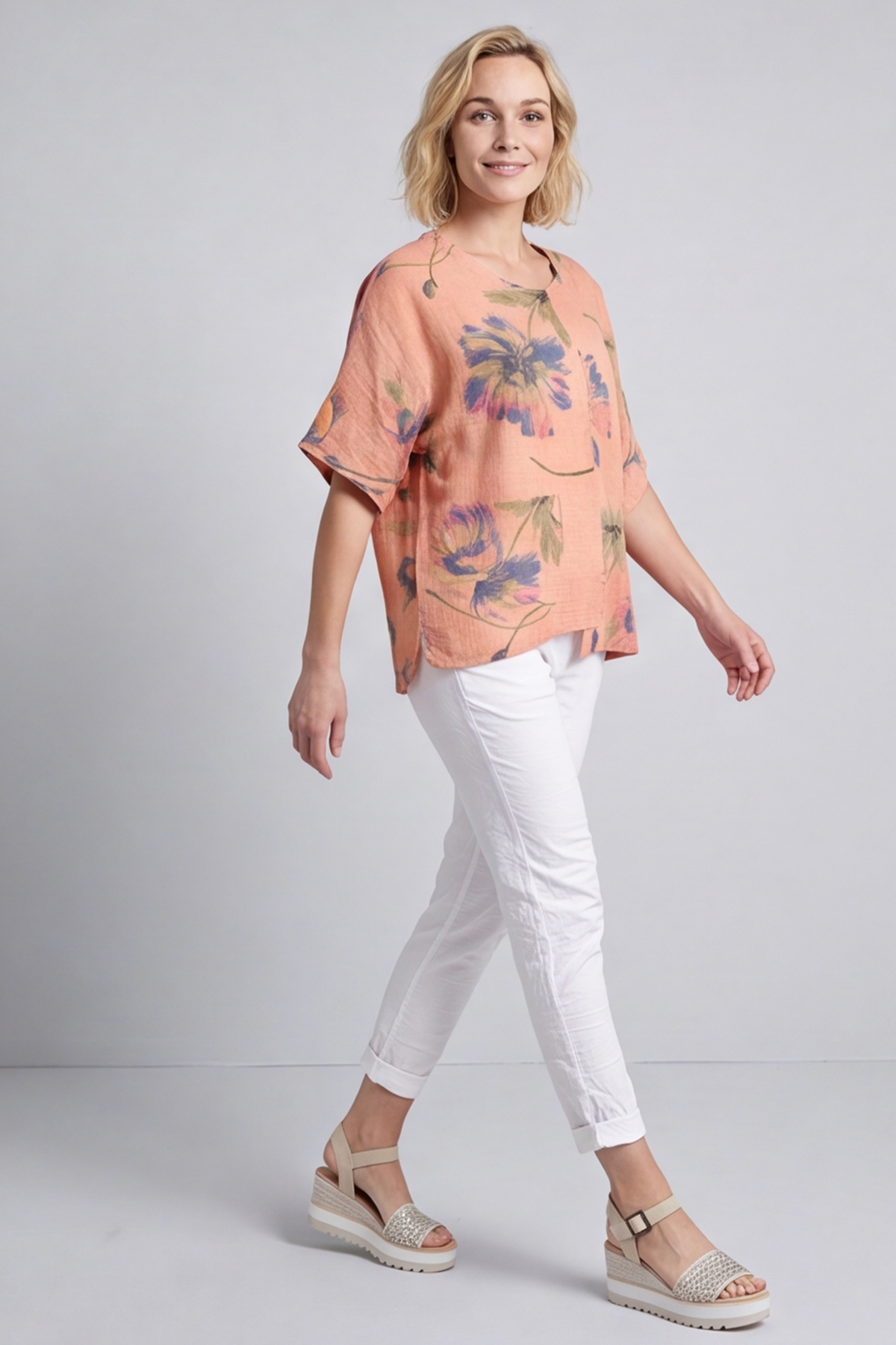 Isolde Botanical Print Linen Top Orange