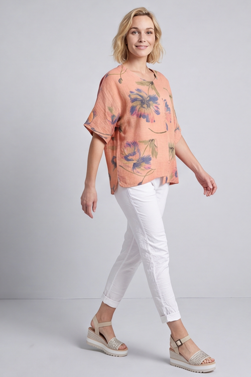 Isolde Botanical Print Linen Top Orange - Image 7
