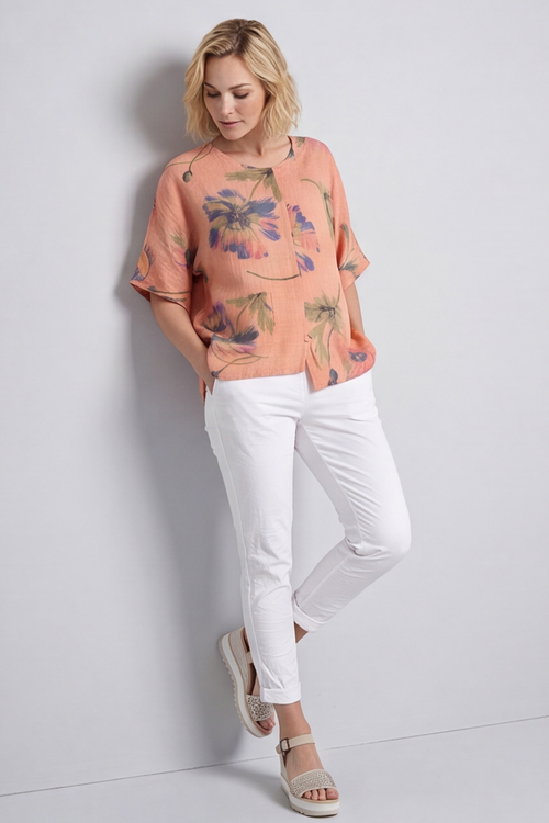 Isolde Botanical Print Linen Top Orange - Image 1