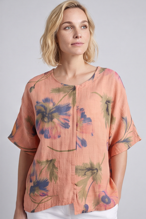 Isolde Botanical Print Linen Top Orange - Image 2