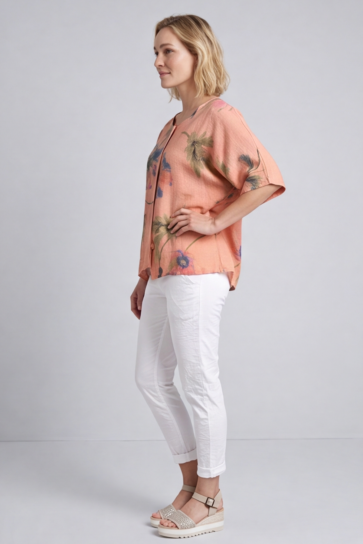 Isolde Botanical Print Linen Top Orange