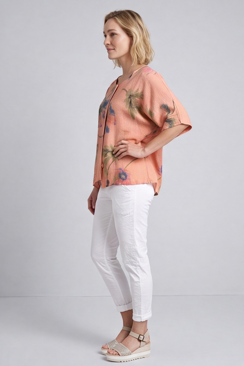 Isolde Botanical Print Linen Top Orange - Image 3