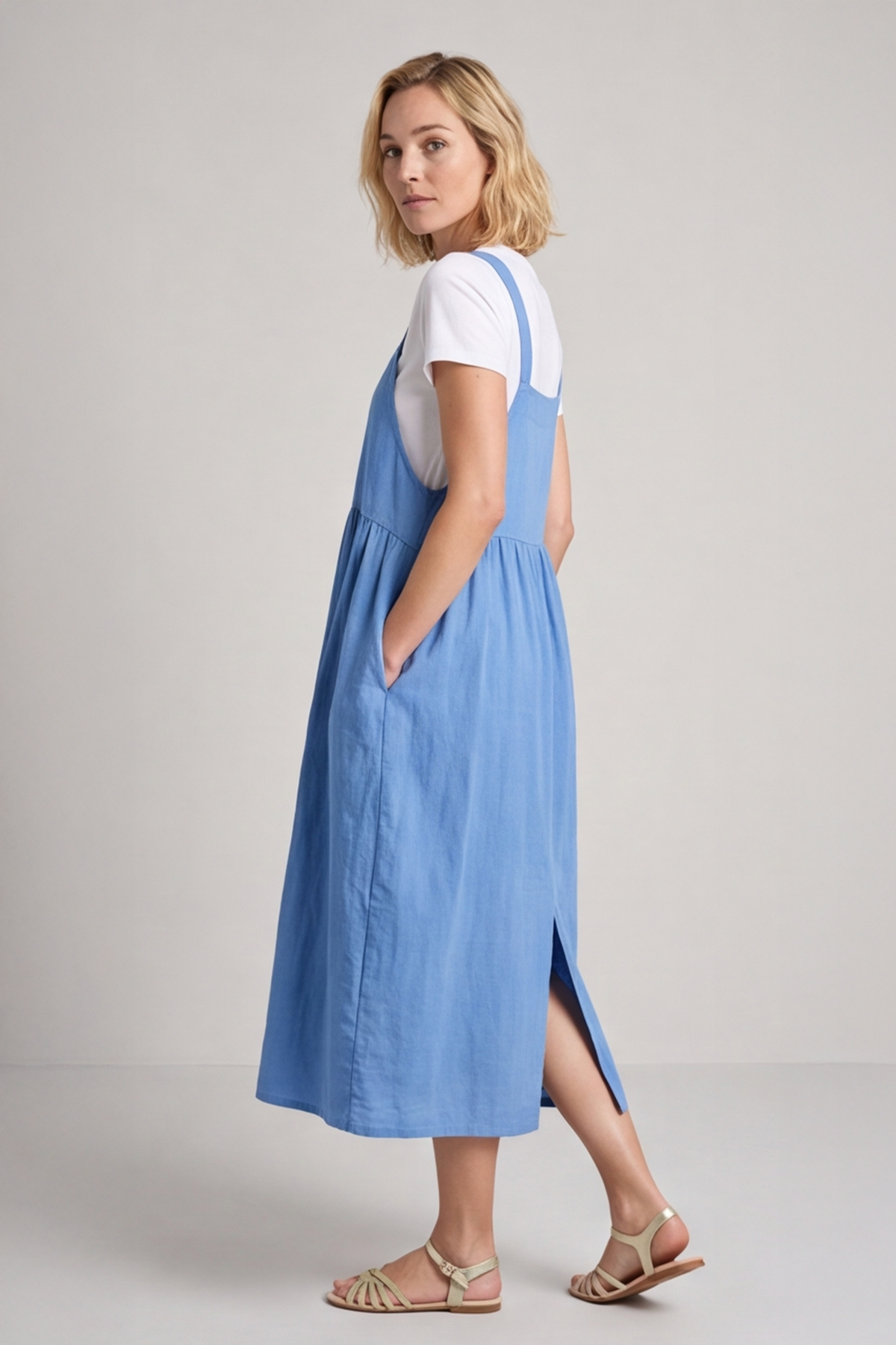 Meredith Linen Pinafore Dress Powder Blue