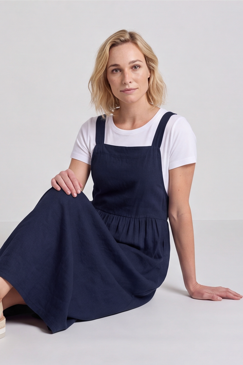 Meredith Linen Pinafore Dress Navy - Image 2