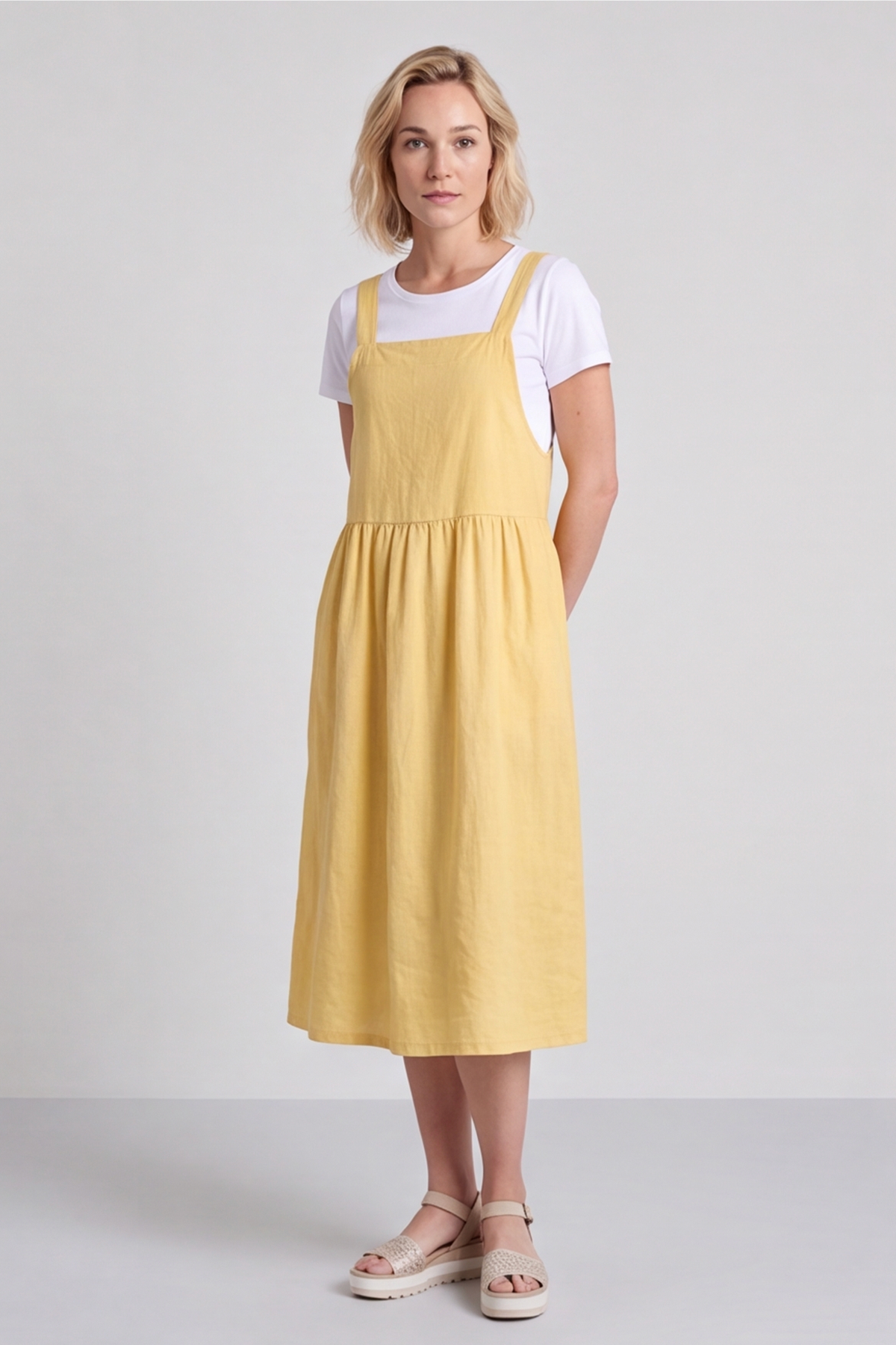 Meredith Linen Pinafore Dress Yellow