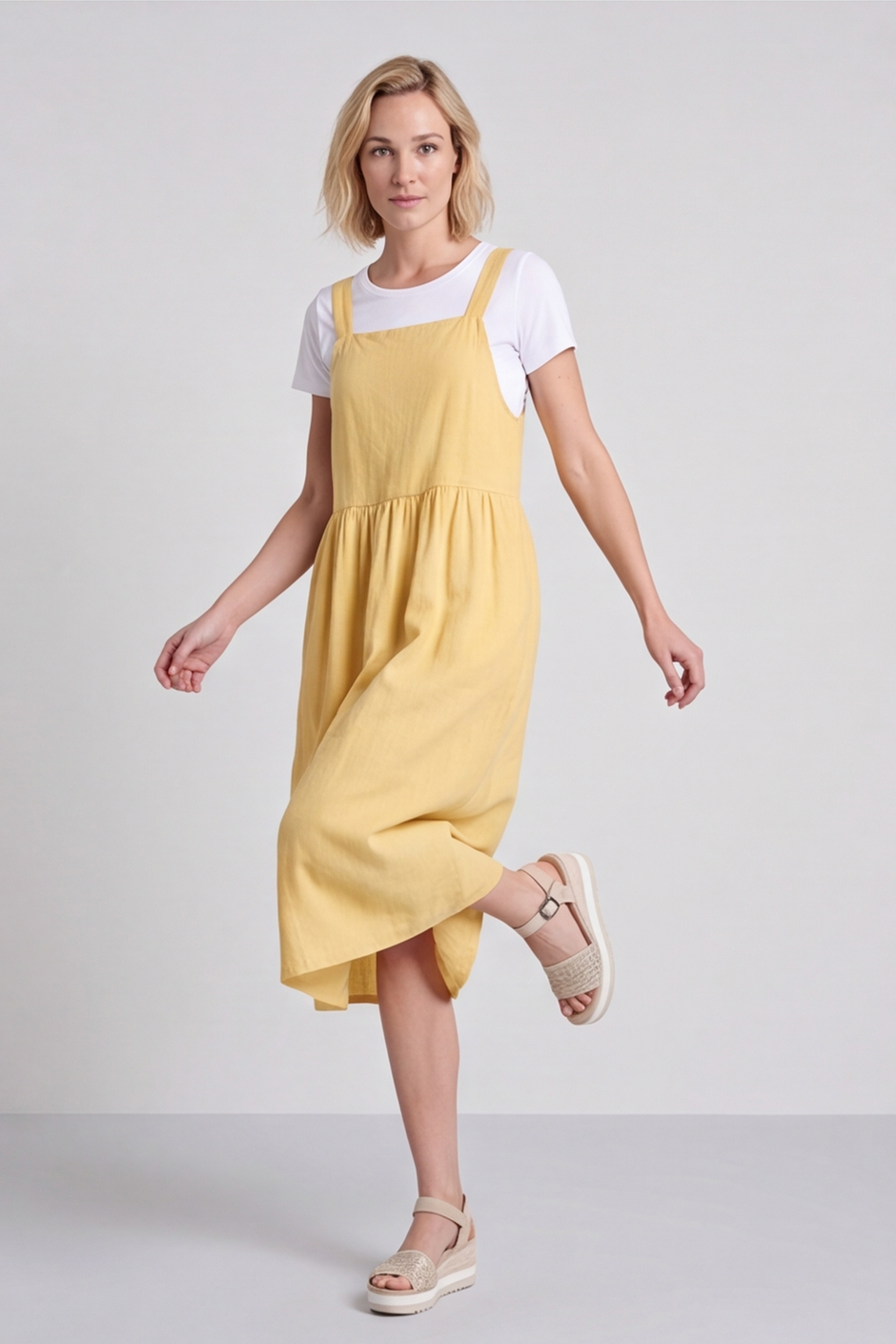 Meredith Linen Pinafore Dress Yellow