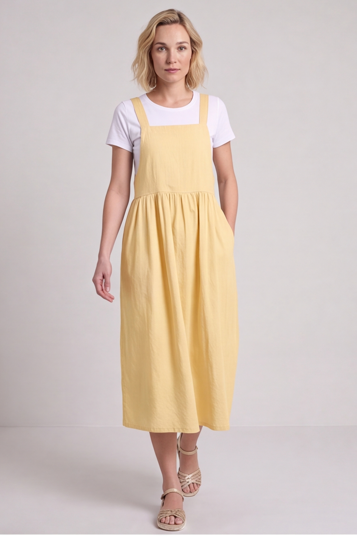 Meredith Linen Pinafore Dress Yellow
